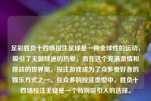 足彩胜负十四场投注足球是一种全球性的运动，吸引了无数球迷的热爱。而在这个充满激情和挑战的世界里，投注游戏成为了众多爱好者的娱乐方式之一。在众多的投注类型中，胜负十四场投注无疑是一个特别吸引人的选择。