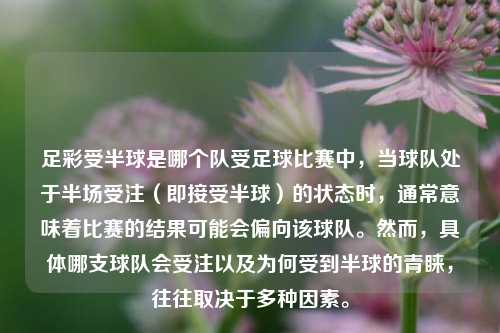 足彩受半球是哪个队受足球比赛中，当球队处于半场受注（即接受半球）的状态时，通常意味着比赛的结果可能会偏向该球队。然而，具体哪支球队会受注以及为何受到半球的青睐，往往取决于多种因素。
