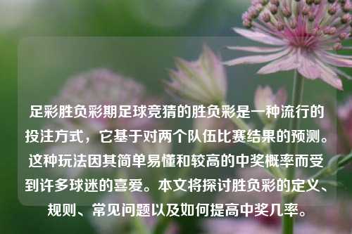 足彩胜负彩期足球竞猜的胜负彩是一种流行的投注方式，它基于对两个队伍比赛结果的预测。这种玩法因其简单易懂和较高的中奖概率而受到许多球迷的喜爱。本文将探讨胜负彩的定义、规则、常见问题以及如何提高中奖几率。