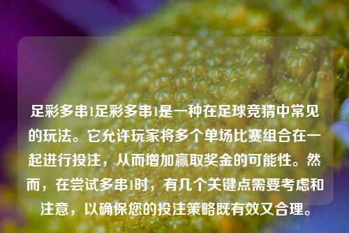 足彩多串1足彩多串1是一种在足球竞猜中常见的玩法。它允许玩家将多个单场比赛组合在一起进行投注，从而增加赢取奖金的可能性。然而，在尝试多串1时，有几个关键点需要考虑和注意，以确保您的投注策略既有效又合理。