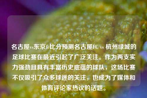 名古屋vs东京fc比分预测名古屋FC vs 杭州绿城的足球比赛在最近引起了广泛关注。作为两支实力强劲且具有丰富历史底蕴的球队，这场比赛不仅吸引了众多球迷的关注，也成为了媒体和体育评论家热议的话题。
