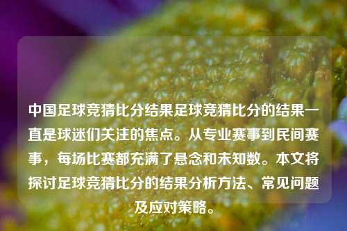 中国足球竞猜比分结果足球竞猜比分的结果一直是球迷们关注的焦点。从专业赛事到民间赛事，每场比赛都充满了悬念和未知数。本文将探讨足球竞猜比分的结果分析方法、常见问题及应对策略。
